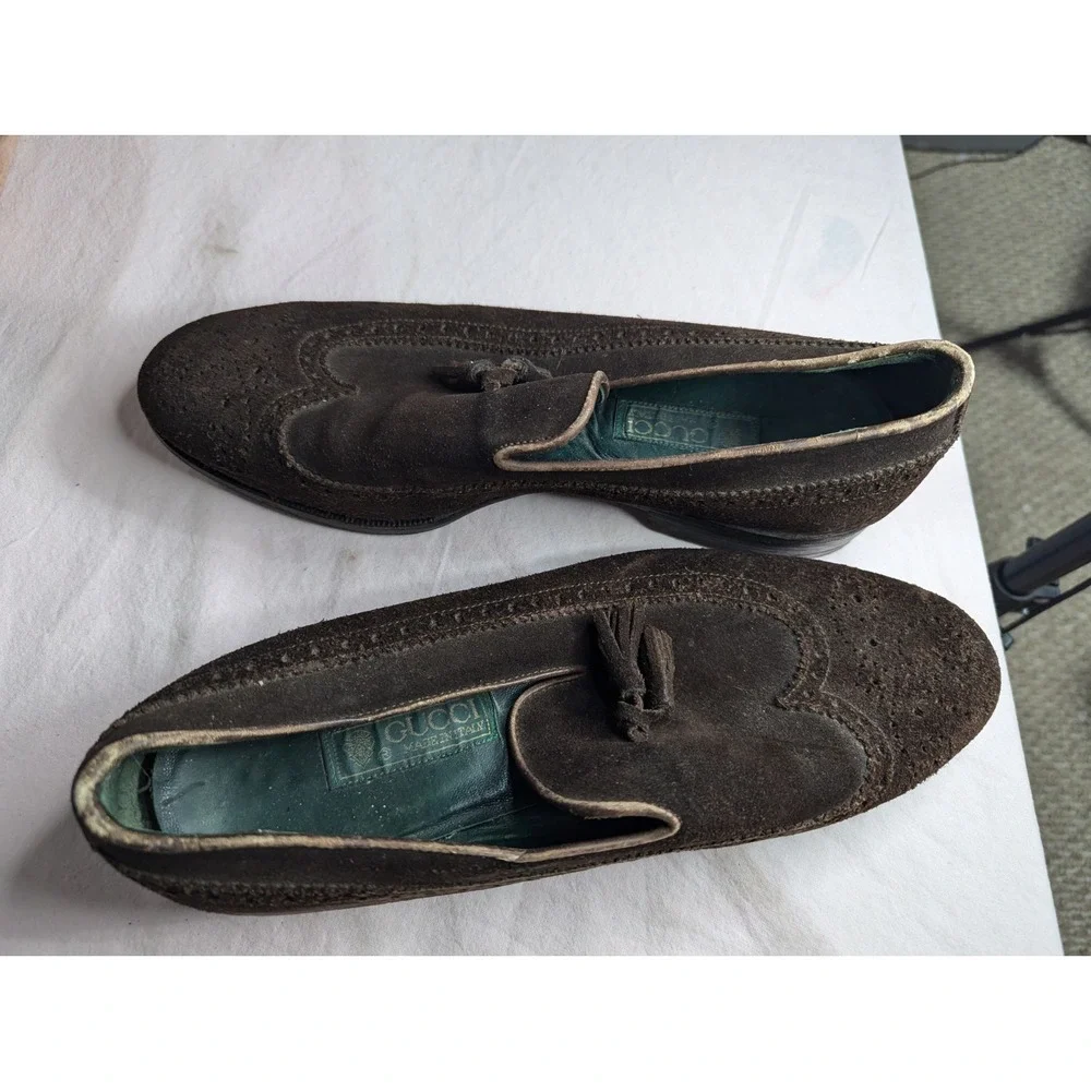 GUCCI VINTAGE brown suede leather mens 42 1/2 Italy Italian tassle loafers shoes